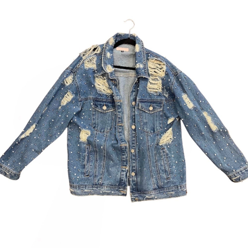 Missguided x Carli Bybel Distressed Pearl & Rhinestone Blue Jean Jacket – Size 6